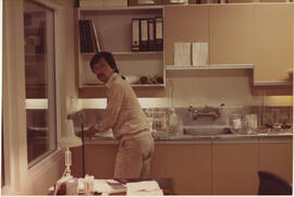 Brewmaster Rainer Kallahne in his office/lab in 1984